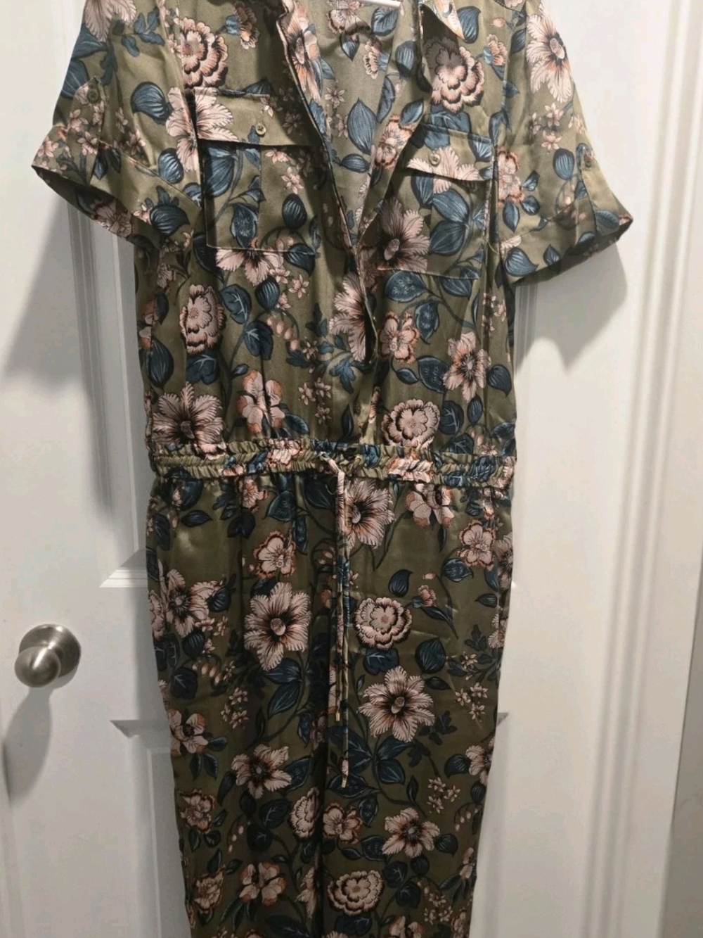 Ralph Lauren Olive Floral Jumpsuit with Blue and Cream Flowers